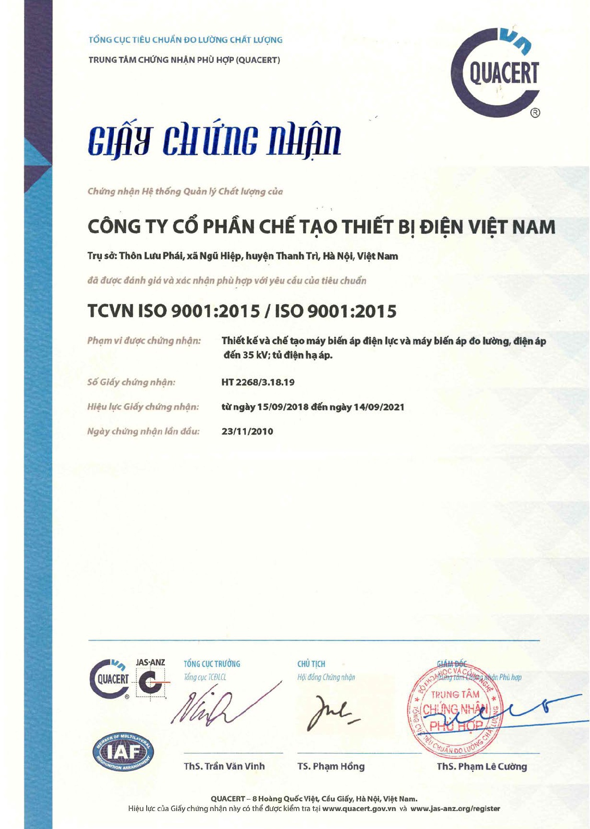 CÔNG TY CỔ PHẦN CHẾ TẠO VIỆT NAM VINH DỰ ĐÓN NHẬN CHỨNG CHỈ ISO 9001:2015